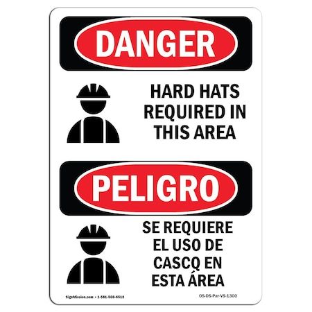 Signmission OSHA Sign, Hard Hats Required In This Area Bilingual, 5in X 3.5in Decal, 3.5" W, 5" H, Spanish OS-DS-D-35-VS-1300